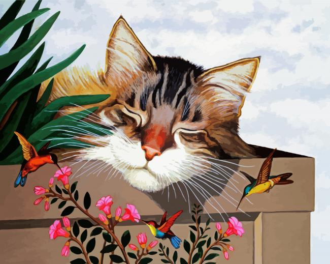 Sleepy Cat And Hummingbird Diamond Painting