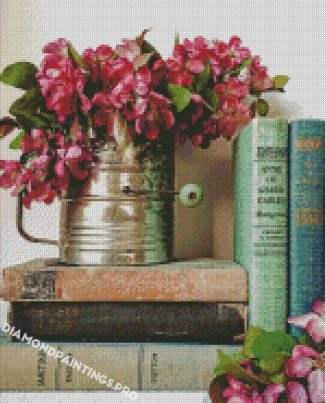 Pink Flowers And Books Diamond Painting