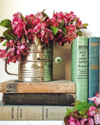 Pink Flowers And Books Diamond Painting