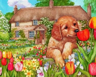 Puppy Smelling Flowers diamond painting
