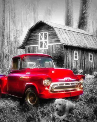 Dogs With Red Truck And Barn Diamond Painting
