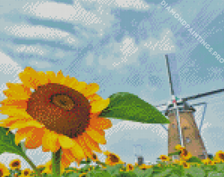 Dutch Windmill And Sunflowers Diamond Painting