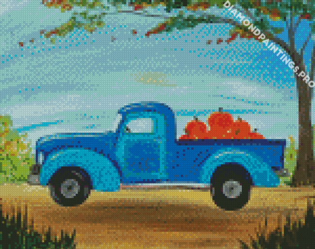 Blue Truck With Pumpkins Diamond Painting