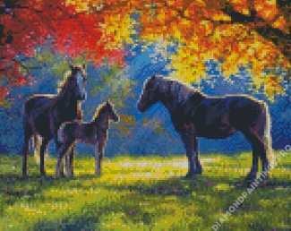 Horses With Fall Trees Diamond Painting