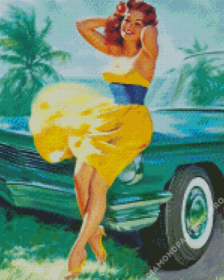 Pin Up Girl In Yellow Dress Diamond Painting