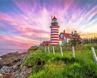 West Quoddy Head Lighthouse Sunset Diamond Painting