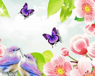 Birds With Flowers And Butterflies Diamond Painting