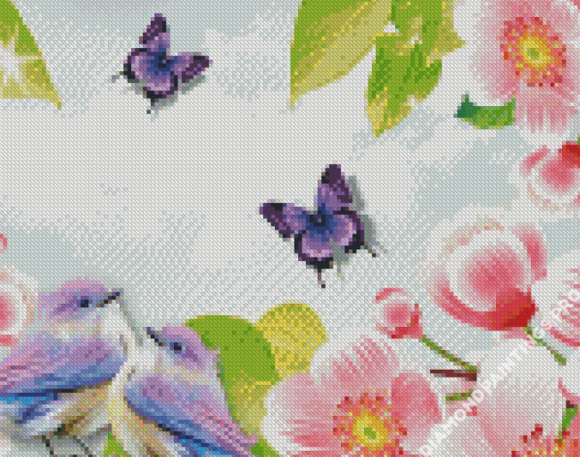 Birds With Flowers And Butterflies Diamond Painting