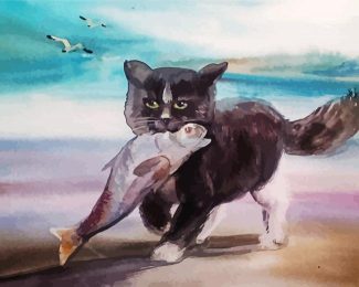 Black Cat With Fish Diamond Painting