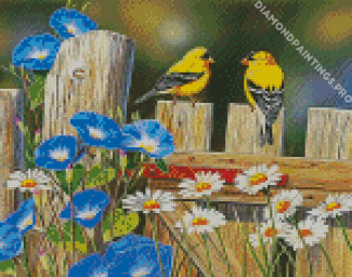 Cute Birds With Flowers And Fence Diamond Painting