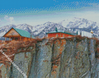 Houses On A Snowy Cliff Diamond Painting