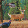 Deer And Turkey In Forest Diamond Painting