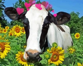 Aesthetic Cow With Sunflowers Art Diamond Painting
