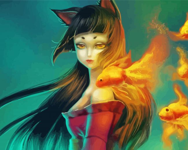 Cat Woman And Gold Fish Diamond Painting