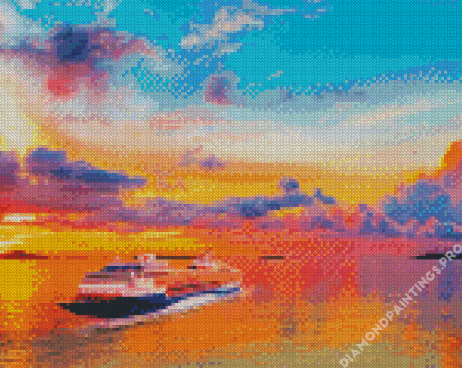 Cruise Ship In Sunset Seascape Diamond Painting