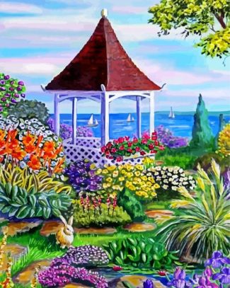 Gazebo By The Sea And Flowers Diamond Painting