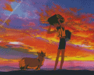 Girl With Dog Sunset Diamond Painting