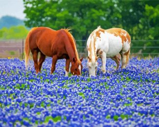 Aesthetic Bluebonnets And Horses Diamond Painting