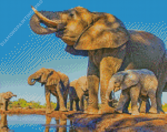 African Elephants In Water Diamond Painting
