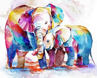Colorful Mama And Baby Elephant Diamond Painting