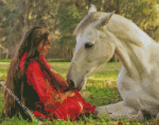 Woman With White Native Horse Diamond Painting
