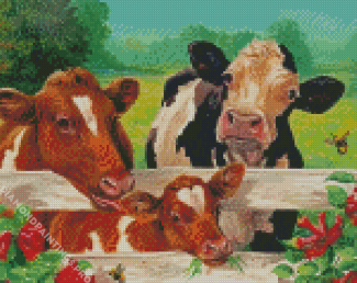 Cows By Fence Diamond Painting