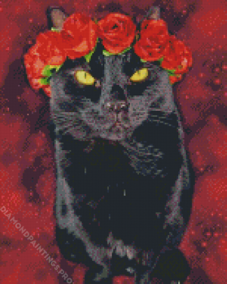 Black Cats With Red Flowers Crown Diamond Painting