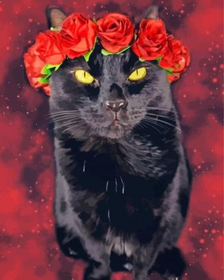 Black Cats With Red Flowers Crown Diamond Painting