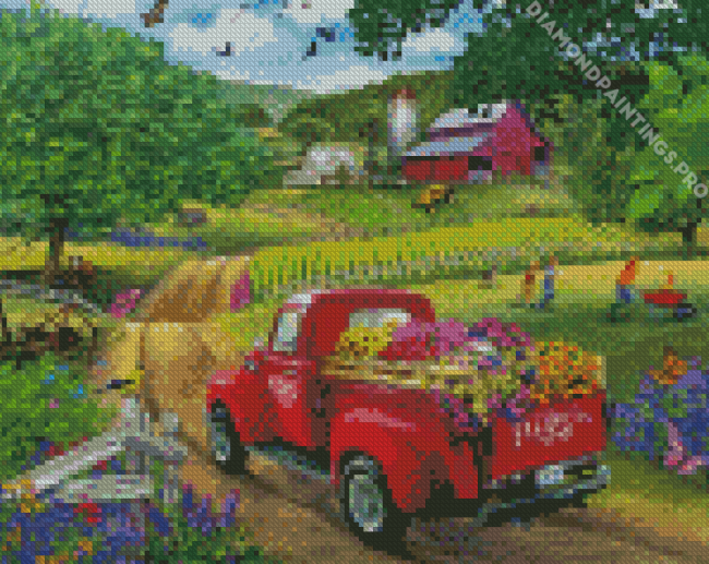 Red Truck With Flowers Art Diamond Painting