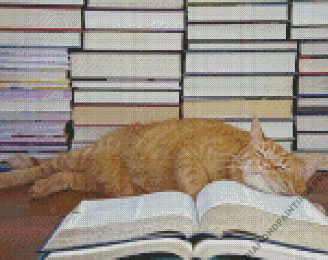 Sleepy Cat And Books Diamond Painting