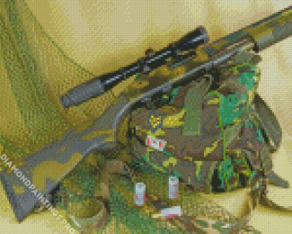 Green Rifle With Scope And Bag Hunting Equipement Diamond Painting