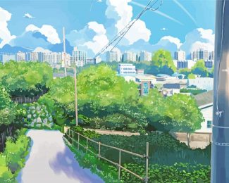 Green Anime City Diamond Painting