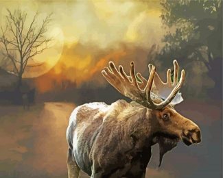 Moose Animal And Moon Diamond Painting