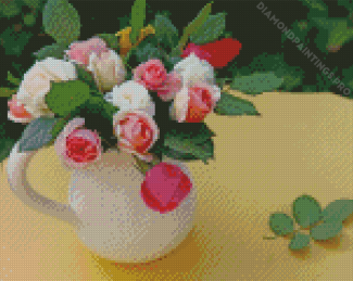 Pink And White Roses In Vase Diamond Painting