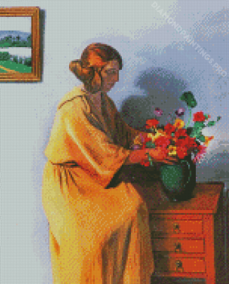 Woman Arranging Flowers In Vase Art Diamond Painting