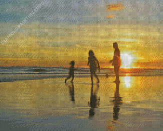 Family Beach Silhouette At Sunset Diamond Paintings