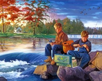 Friends Fishing In River Diamond Painting