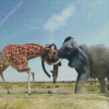 Giraffe With Elephant Fighting Diamond Paintings