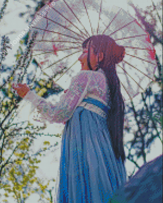 Girl In China Dress Under Umbrella Diamond Painting