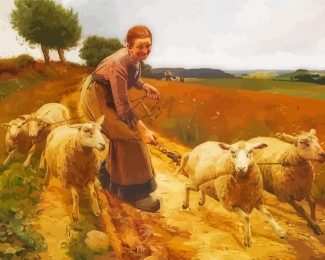 Girl With Sheeps Diamond Painting