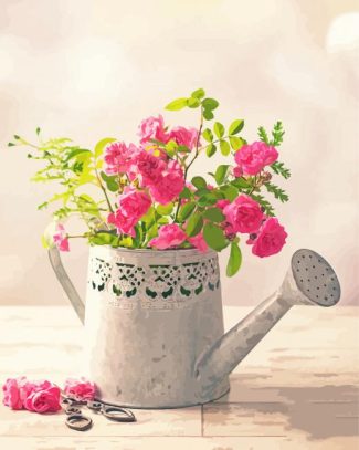Watering Can With Pink Flowers Diamond Paintings