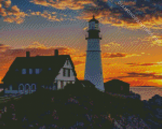 Aesthetic Portland Lighthouse Sunset View Diamond Painting