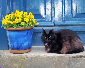 Black Cat And Flowers In Pot Diamond Painting
