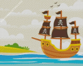 Cartoon Pirate Ship In Water Diamond Painting