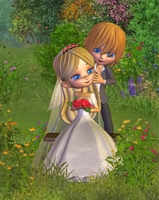 Cartoon Wedding Couple In The Garden Diamond Painting