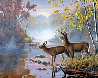 Deer By The River In Forest Diamond Paintings