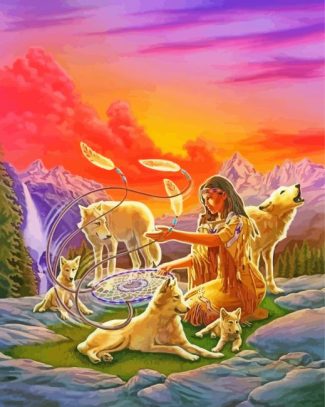 Indian Woman And Wolves Diamond Paintings
