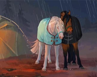Sad Couple Horses Under Rain Diamond Painting