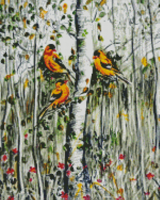 Birch Trees And Yellow Finches Diamond Painting