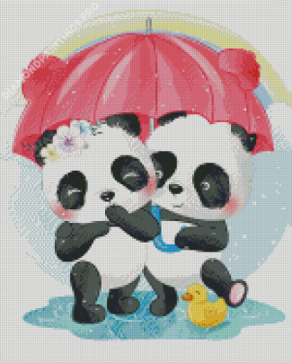 Panda Couple Under Umbrella Diamond Painting